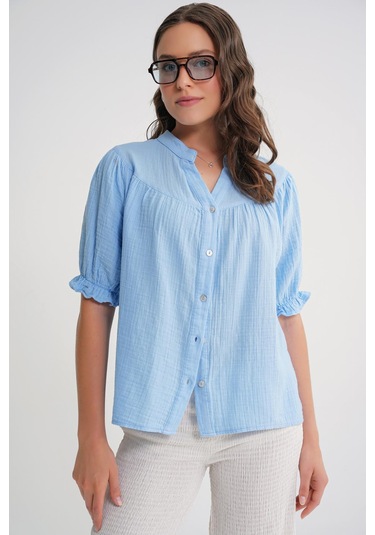 4725 Kadın Büzgü Robalı Kolu Fırfırlı Müslin Gömlek Bebe Mavi Bebe Mavi