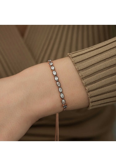 Gümüş Rose Oval Kesim Elmas Montür Asansör Bileklik Karışık Renk