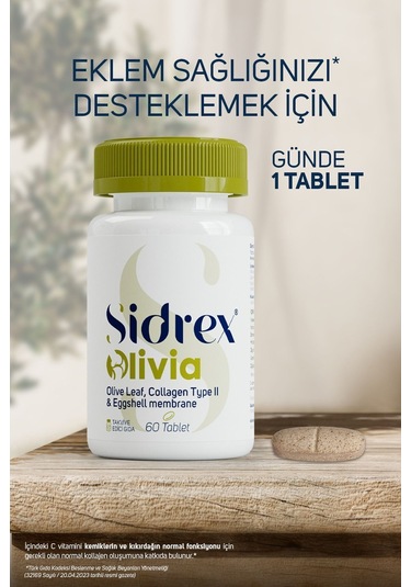 Sidrex Olivia Zeytin Yaprağı Ekstresi Tip 2 Kolajen Yumurta Kabuğu Zarı İçeren Takviye Edici Gıda 60 Tablet