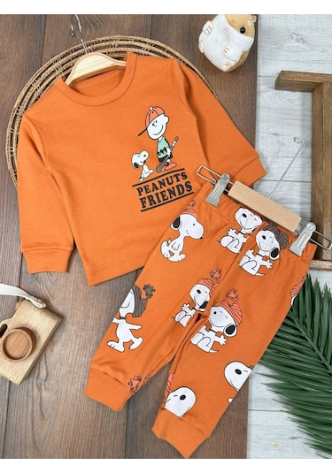 Bisiklet Yaka Peanuts Friends Baskılı Alt Üst Pijama Takımı 4bb2 Kiremit