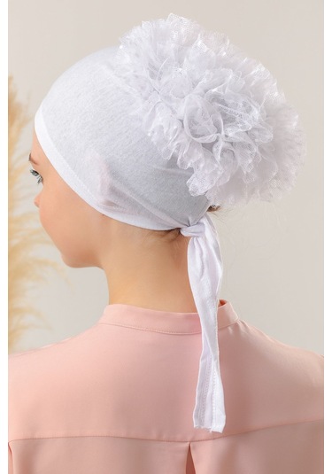 Tesettür Fırfırlı Bone Beyaz Beyaz