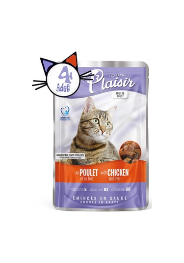 Plaisir Tavuk Etli ve Ciğerli Pouch Yetişkin Kedi Yaş Maması 4 x 100 G