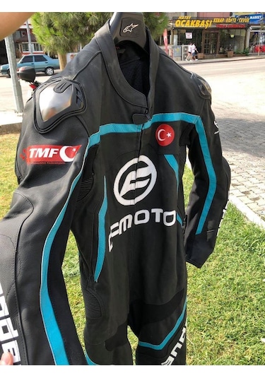 Andes Turkuaz Deri Tek Parça Motosikletçi Tulumu