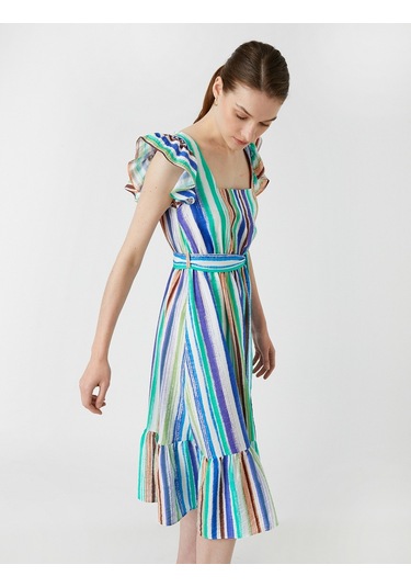 Koton Midi Boy Elbise Kuşaklı Fırfırlı Yeşil Çizgili 2sak80335ew 2SAK80335EW7S7 Yeşil