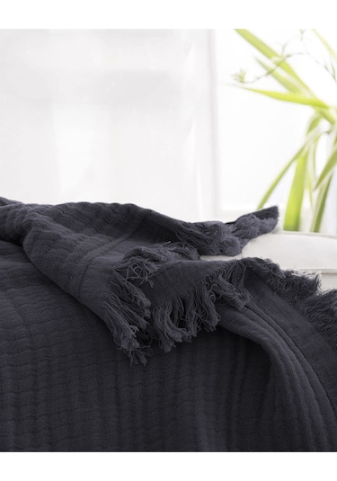%100 Pamuk Çift Kişilik Müslin Yatak Örtüsü 4 Katlı Yumuşak Battaniye Müslin Pike Takımı 3 Parça Siyah Siyah