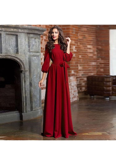 Kadın Yaz Casual Parti Elbise Kol Katı Uzun Elbiseler Kemerli Şarap Kırmızısı