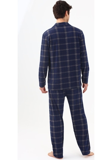 Erkek Pamuklu Mavi Ekose Desenli Uzun Kollu Cep Detaylı Gömlek Yaka Pijama Takımı Ko60113 Mavi