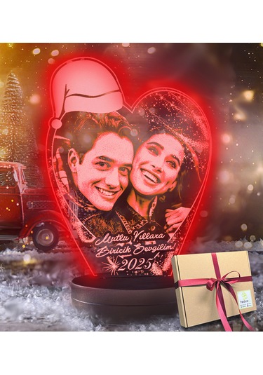 Yılbaşı Hediyesi Kişiye Özel Noel Baba Şapkalı Kalp 3d Led Gece L