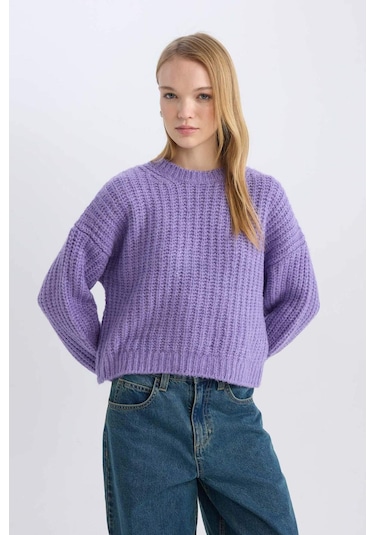 DeFacto Coool Oversize Geniş Kalıp Bisiklet Yaka Triko Kazak V1811AZNSPR262 Mor