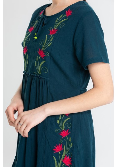 Kısa Kol Şile Bezi Lalezar Nakışlı Midi Boy Elbise Petrol Ptrl-petrol Petrol