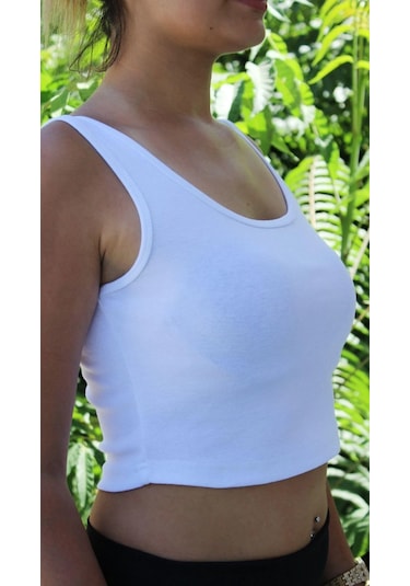 Afri Kadın Beyaz Basic Ribana Atlet Crop Likralı Spor Üst Beyaz
