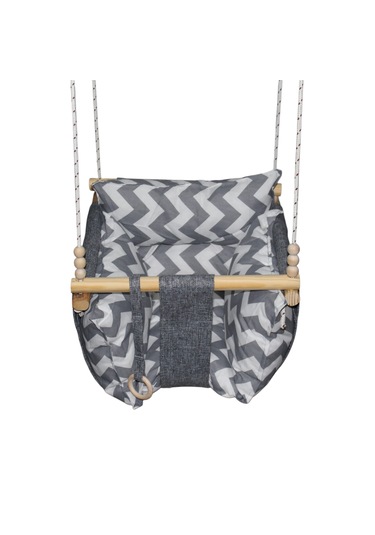 Ahşap Çocuk & Bebek Salıncağı Gri Renk Minder Yastık Ve Diş Halkalı Tavan Salıncak