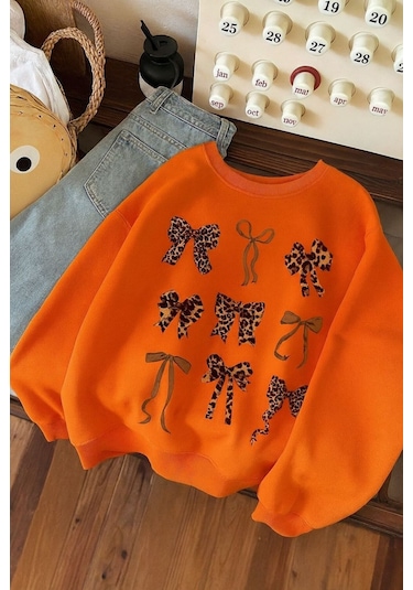 Benroma 3 İplik Penye Çilek Baskılı Unisex Sweatshırt Turuncu