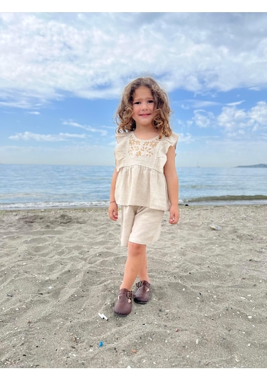 Cigit Robası Nakışlı Şortlu Keten Takım 2-7 Yaş Naturel Beyaz