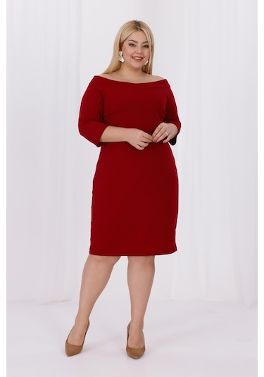 Kadın Bordo Carmen Yaka Truvakar Kol Büyük Beden Esnek Krep Elbise Bordo