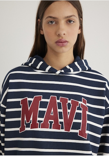 Mavi - Mavi Logo Baskılı Lacivert Çizgili Sweatshirt 1s10118-81518 Mavi