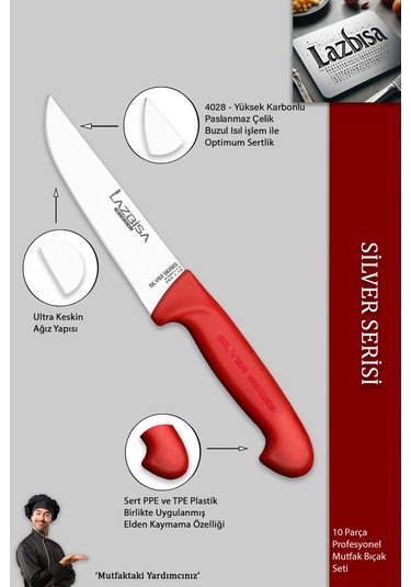 Lazbisa MFP-001 Silver Pro Serisi Mutfak Bıçak Seti 10 Parça Et Ekmek Sebze Soğan Börek Bıçağı Satırı Kırmızı