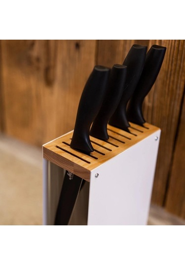 Doğal Ahşap Metal Bıçak Standı, Mutfak Bıçak Rafı, Bıçak Standı Bıçak Dahil Değildir Beyaz