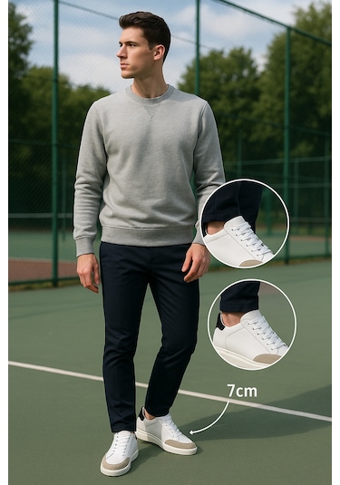 Man Erkek Hakiki Deri 7 Cm Boy Uzatan Beyaz Spor Ayakkabı Beyaz