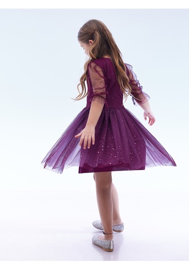 Ahengim Kız Çocuk Yıldız Baskılı Trend Tül Elbise Ak2246 Mor