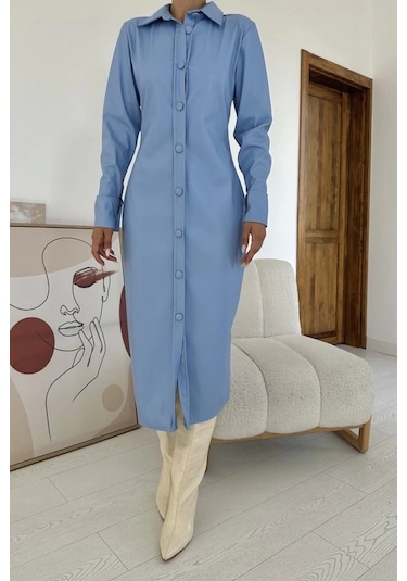 Mavi Boydan Düğmeli Deri Elbise Mavi