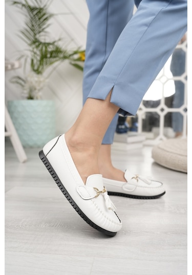 Khayt Tassel Casual Günlük Kadın Babet Ayakkabı Beyaz