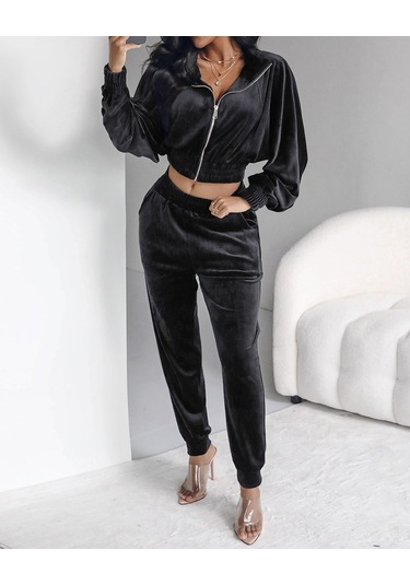 Soonaksesuar Kadın Uzun Kollu Önden Fermuarlı Krop Kadife Ceket Ve Pantolon Ikili Takım Siyah