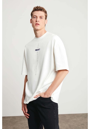 Grimelange Project Erkek Baskı Detaylı Oversize Fit %100 Organik Pamuk Örme Bisiklet Yaka Örme Beyaz T-shirt
