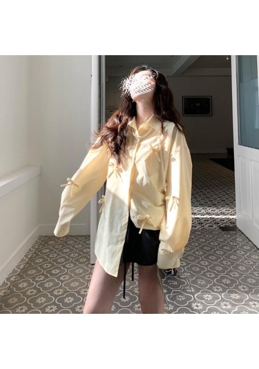 Kadınlar İçin 3d Fiyonklu Mavi Gömlek Kadın Şık Çok Yönlü Günlük Yaka Üst Düz Renk Uzun Kollu Bayan Tek Sıra Düğmeli Gömlekler Gökyüzü Mavisi