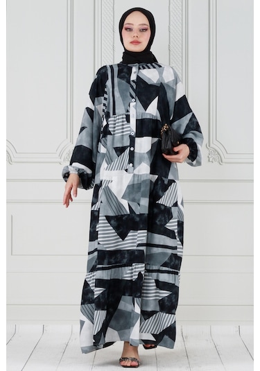 Yarasa Kol Cam Kırığı Viskon Elbise-gri-3805 - Gri
