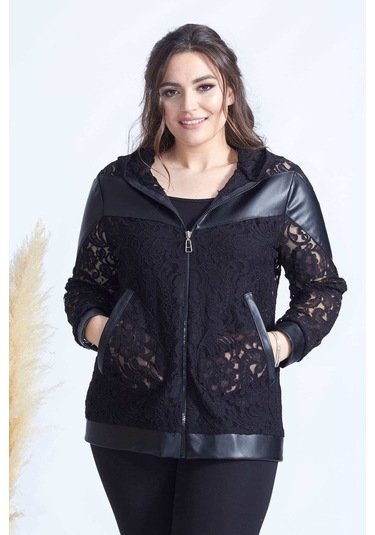 4031 SİYAH FERMUARLI DERİLİ KOMBİN DANTEL BÜYÜK BEDEN CEKET Siyah