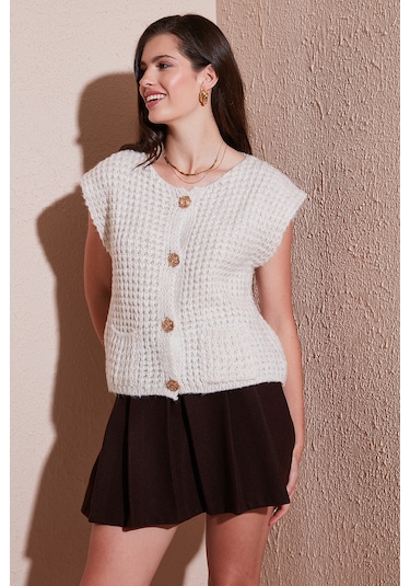Lela Premium Oversize Fit Bisiklet Yaka Düğmeli Örgü Bayan Yelek 680Yl1416 Taş