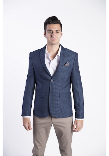Sposo G-207 Dar Kalıp Desenli İndigo Erkek Blazer Ceket İndigo
