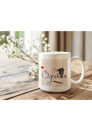 Atatürk Ve Öğretmen Tasarımlı Kupa Bardak Öğretmen Figürlü Zarif Öğretmenler Günü Hediye Kupa Beyaz