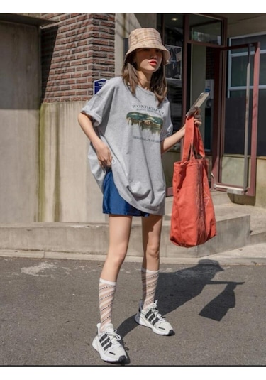 Kadin Gri Oversize Wonderful Baskılı T-shirt Gri-67865
