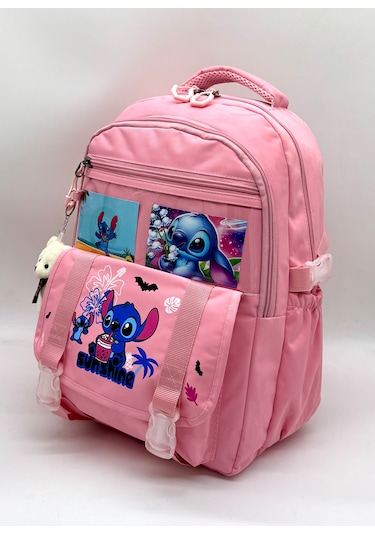 Stitch Desen Aksesuarlı Kore Tarzı Termal Beslenmeli Ve Kalemlikli Kız Çocuk Okul Sırt Çantası Seti Pembe