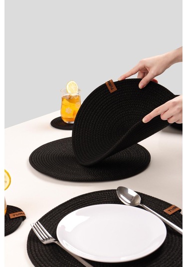 6 Adet Jüt Supla / Amerikan Servis Lux Sunum Tabak Altlığı, Sunum Supla Çeyiz Takımı Örgü Tabak Altı Yanmaz Siyah