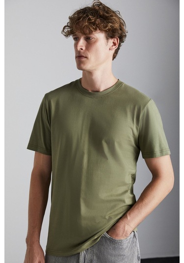 GRIMELANGE Solo Erkek %100 Organik Pamuklu Kalın Dokulu Comfort Fit Bisiklet Yakalı Haki T-shirt Haki