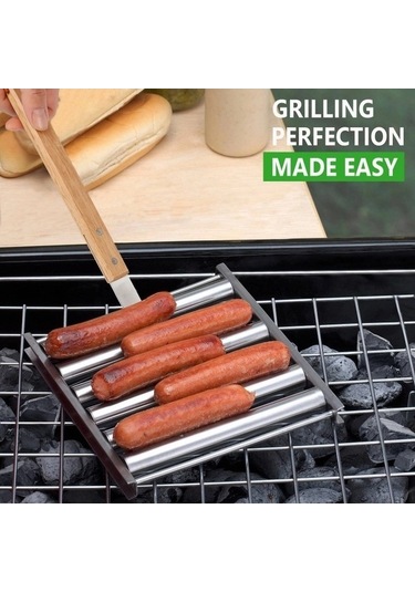 Wondernest Izgara Paslanmaz Çelik Ahşap Saplı Hot Dog Sosis Barbekü Rafı - Mutfak Aletleri Kutulu Çok Renkli Çok Renkli
