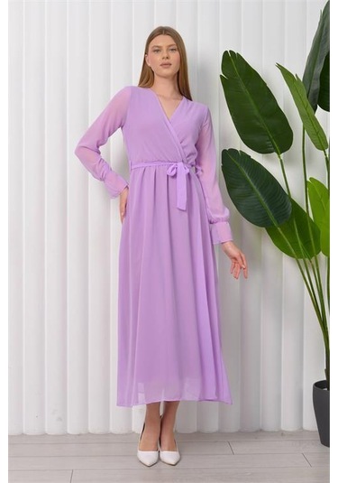 Kadın Kuşaklı Uzun Şifon Elbise Dpkts003 Lila