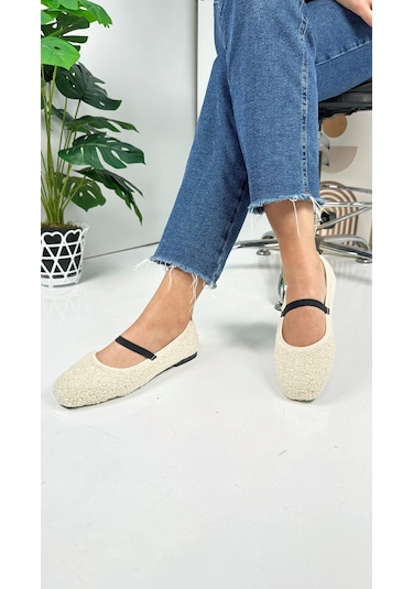 Günlük Kadın Babet Peluş Lastikli Oval Burunlu Alçak Topuklu Tırtıklı Tabanlı Ayakkabı 369 Bej