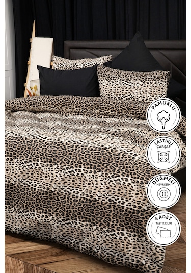 Leopar Desenli Lastikli Çarşaflı Çift Kişilik Nevresim Takımı Antrasit