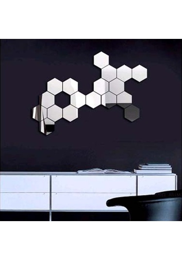 Sones 12 Parça 3d Altıgen Ayna Duvar Sticker Seti, Boyut: 4 4cm Gümüş Diğer