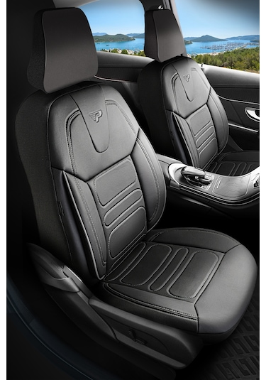 Siyah - Gri Panda Rodos Serisi Deri Ortopedik Oto Koltuk Kılıfı - Tam Set