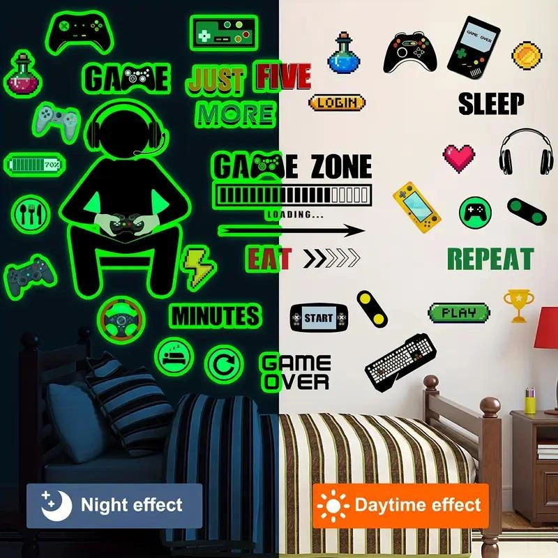 Hombey Oyun Odası Dekorasyonu Işıklı Oyun Sticker'ları - Kumanda, Konsol Desenli Duvar Sticker'ı, Erkek Kız Odası Dekoru, 30x20 Cm Beyaz