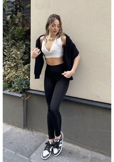 Siyah Yüksek Bel Toparlayıcı Spor Tayt Siyah