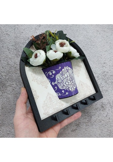 Cajuart Ahşap Motifli Mor Saksı İçinde Beyaz Yapay Çiçek Askılık Duvar Dekoru