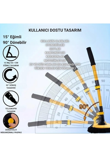 Polham 100cm Uzayabilen Teleskopik Saplı Kuru Islak Araç Temizleme Fırçası, İz Ve Çizik Bırkaz Fırça