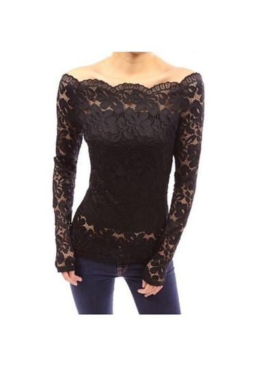 Kadın Üstler Eğik Yaka Uzun Kollu Dantel Gömlek Oyuk Dantel Eklemeli Düz Renk Dar Kesim Nakış Dantel Çiçekli Üstler Siyah
