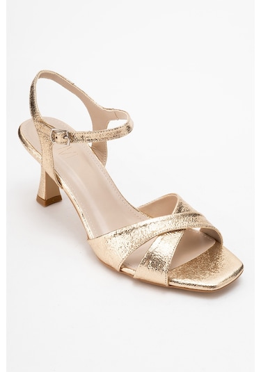 Melin Altın Desenli Çapraz Bantlı Kadın Topuklu Ayakkabı Altın